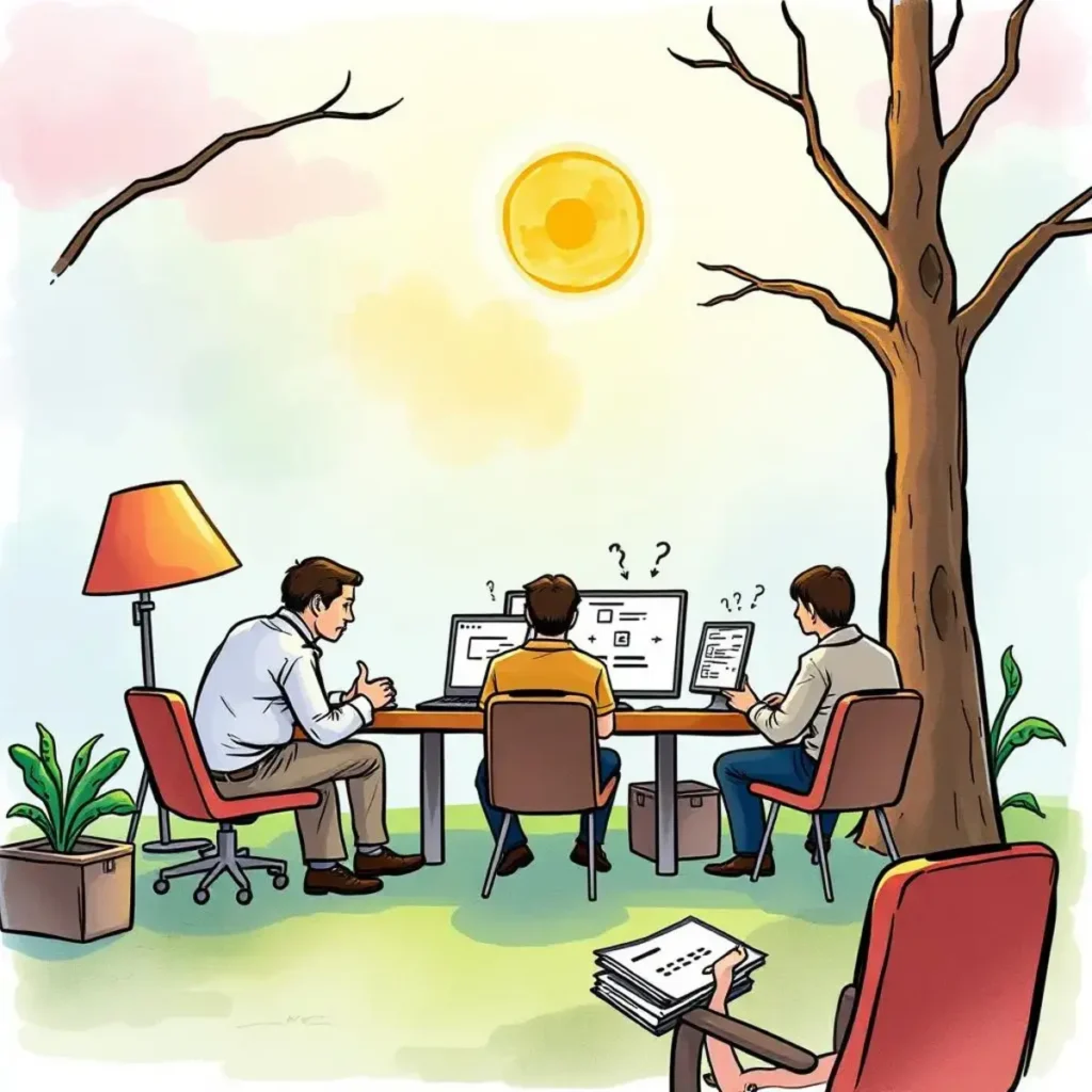 Stakeholder review summarizer: Generate concise summaries of stakeholder reviews 1 Three professionals analyzing stakeholder reviews on digital devices outdoors.