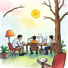 Three professionals analyzing stakeholder reviews on digital devices outdoors.