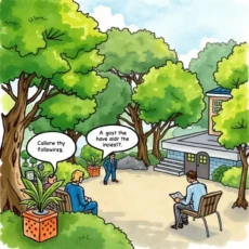 Professionals discussing stakeholder updates in a serene outdoor setting.
