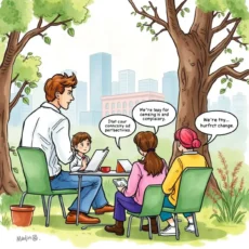A diverse group discussing stakeholder perspectives in a park setting.