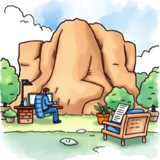 A person working at a desk outdoors in front of a large rock, illustrating remote work in nature.