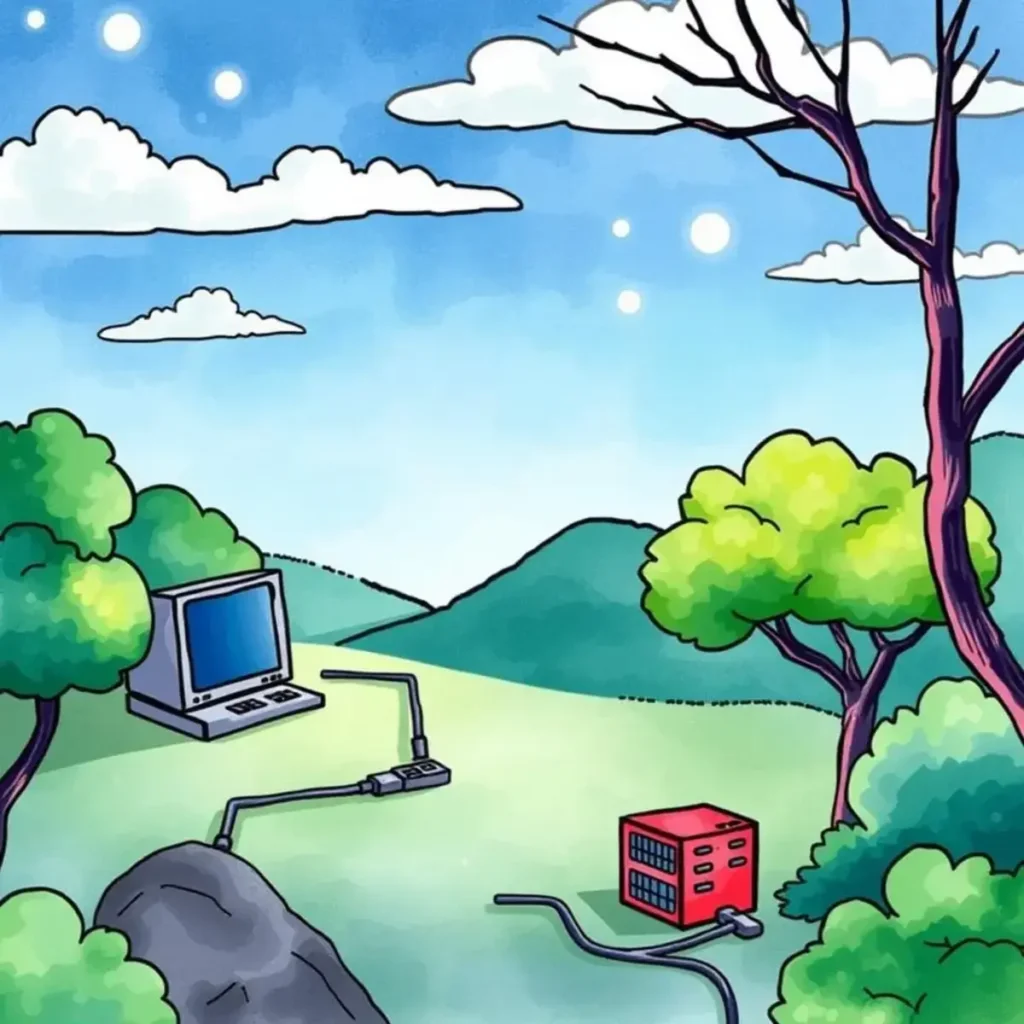 Static ip assign tool: Simplify static IP address assignment for systems 1 Visual representation of a serene landscape with network equipment and a laptop.