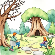 Seated individuals in a natural setting discussing drafts for stakeholder communication updates