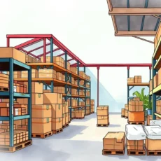 A bright warehouse filled with organized shelves and inventory boxes.