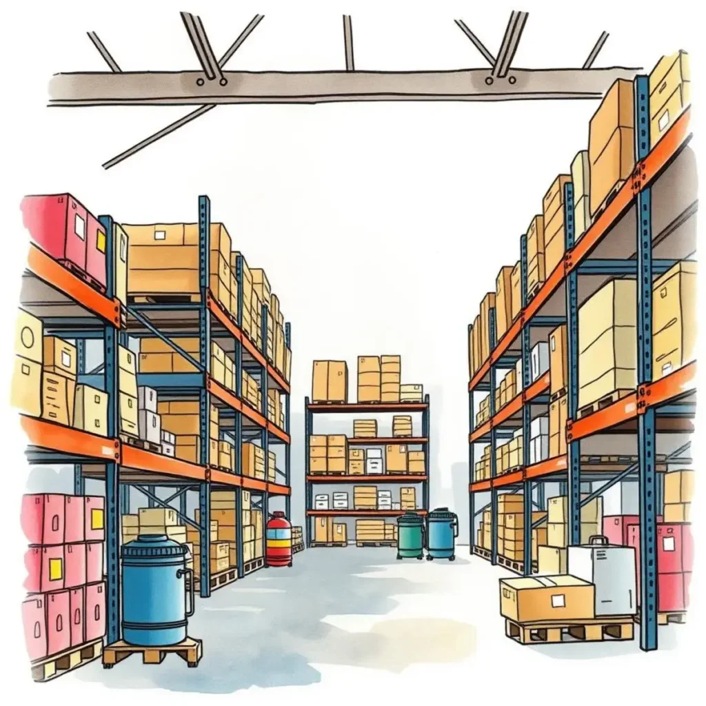 Stock buffer setter: Establish safety stock buffers based on data 1 Illustration of a well-organized warehouse with shelves and boxes.