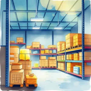 A well-organized warehouse interior filled with inventory boxes in various sizes and colors.