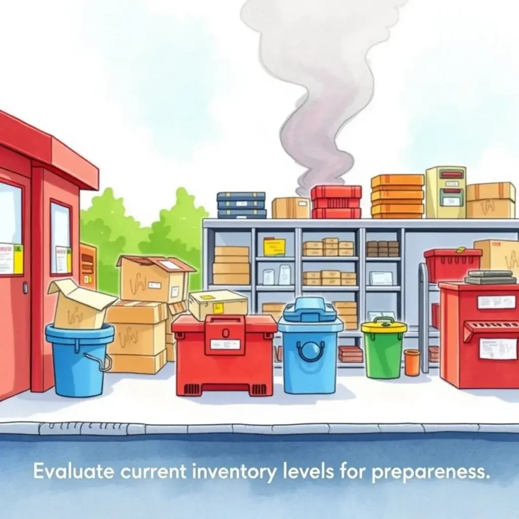 Stock level assessor: Evaluate current inventory levels for preparedness 1 Colorful storage area with boxes and smoke, emphasizing inventory assessment.