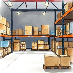 Stock loss prevention analyzer: Analyze risks of holding obsolete inventory 6 Warehouse filled with neatly organized inventory boxes on shelves.