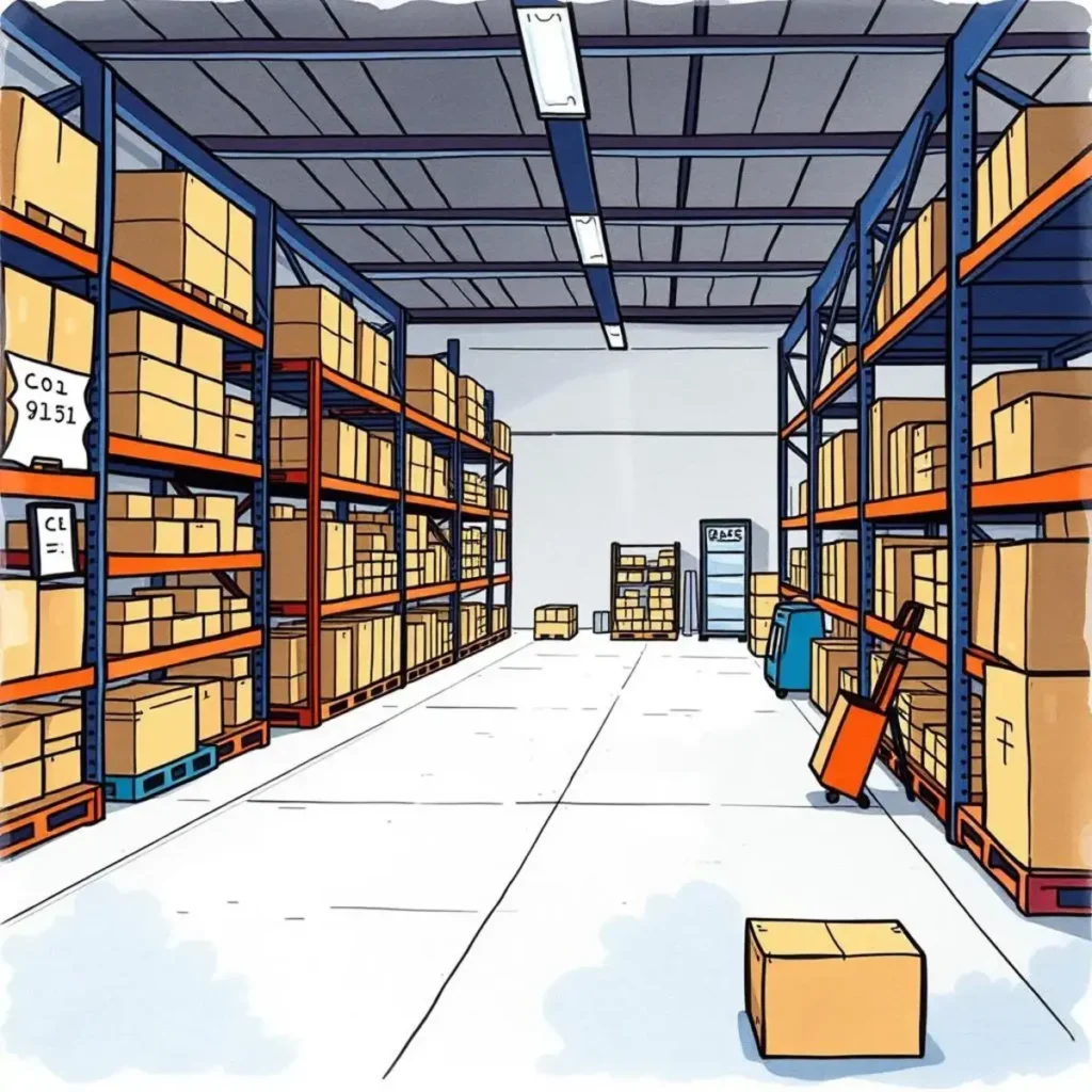 Warehouse interior with organized shelves and inventory management tools.