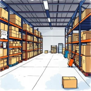 Warehouse interior with organized shelves and inventory management tools.