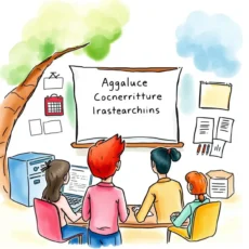 Concise meeting illustration depicting a team collaboratively defining story criteria for Agile/Scrum management.