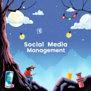 A young person with a phone sits under a tree, surrounded by social media icons and a night sky.
