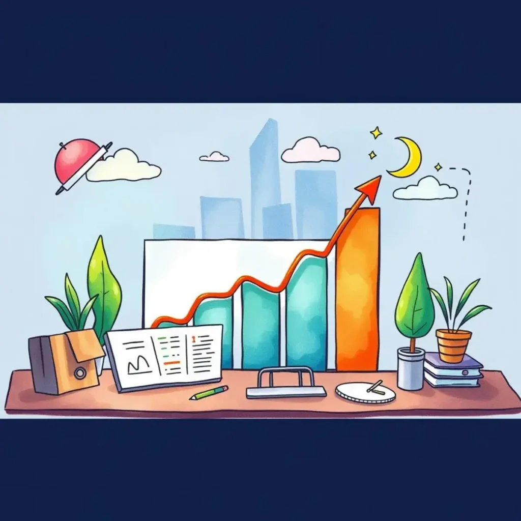 Strategic goal mapper: Visualize progress towards strategic goals 1 A colorful illustration showing a growth chart and office tools representing strategic goal mapping in manufacturing.