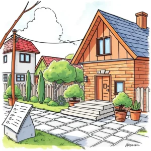 A charming house scene with green plants and a checklist, symbolizing asset management in real estate.