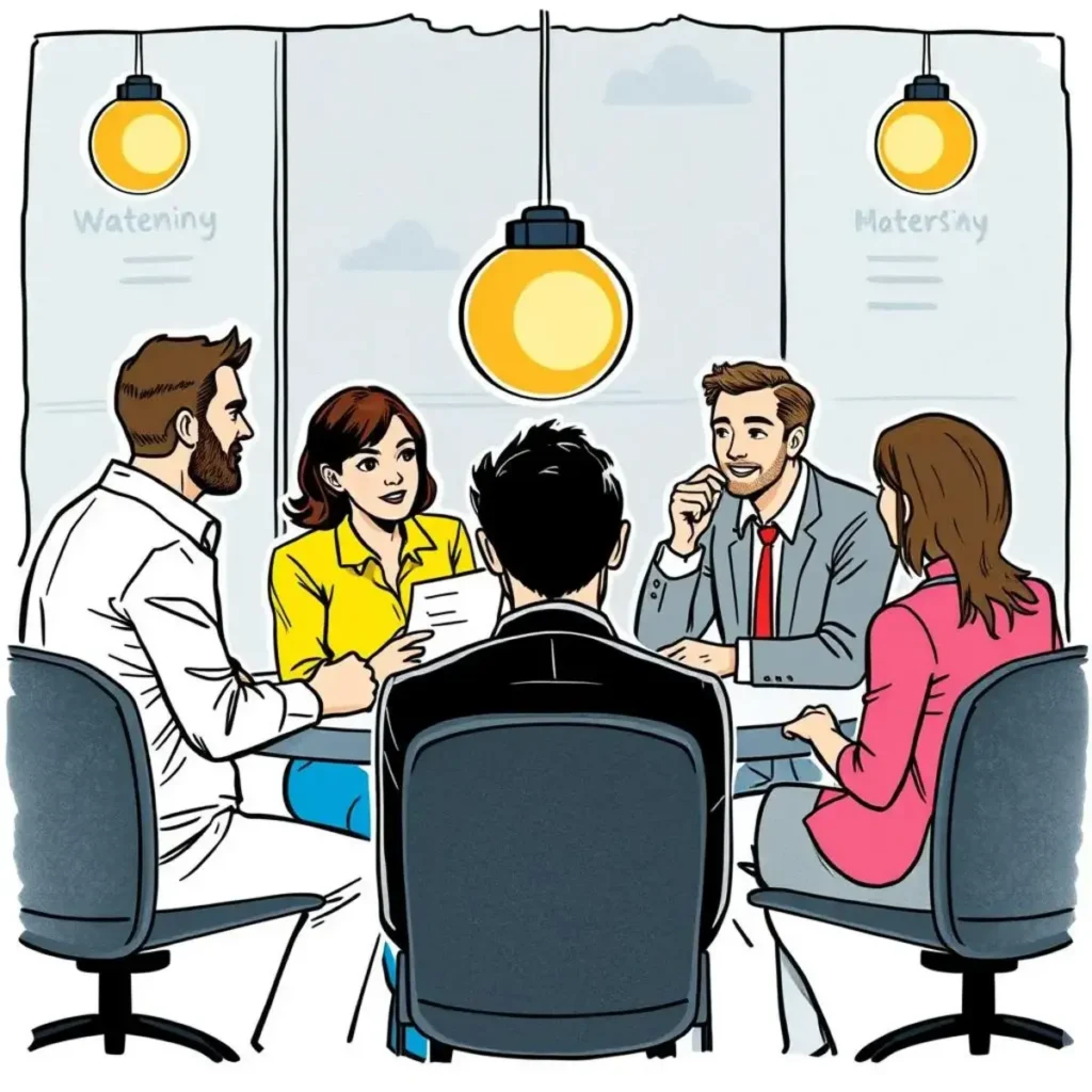 Strategy check-in builder: Formulate quick check-in notes from discussions 1 A group of professionals engaged in a collaborative discussion around a conference table.