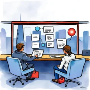 Strategy communicator: Streamline communication of strategic recommendations to stakeholders 4 A professional team collaborates in a modern office, analyzing strategic documents and visuals.