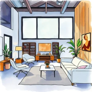 Modern living space design featuring stylish furniture and greenery.