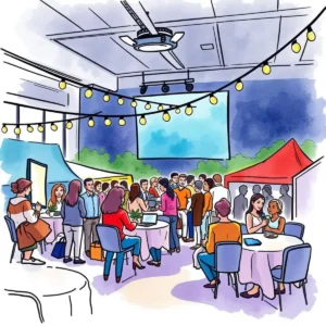 Busy event space showcasing networking and collaboration among attendees.