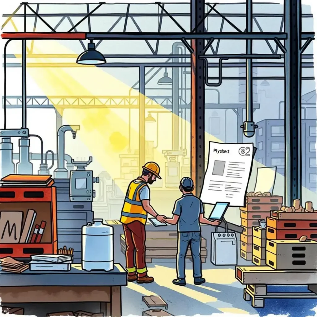 Success indicator analyzer: Assess and define success metrics for processes 1 Two workers analyzing success metrics in a manufacturing environment.