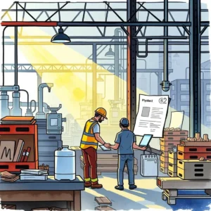 Two workers analyzing success metrics in a manufacturing environment.