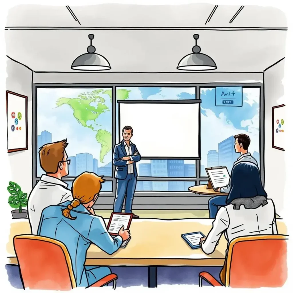 Suggestion generator: Propose action items based on feedback trends 1 Business meeting in a modern office, discussing sales training strategies.