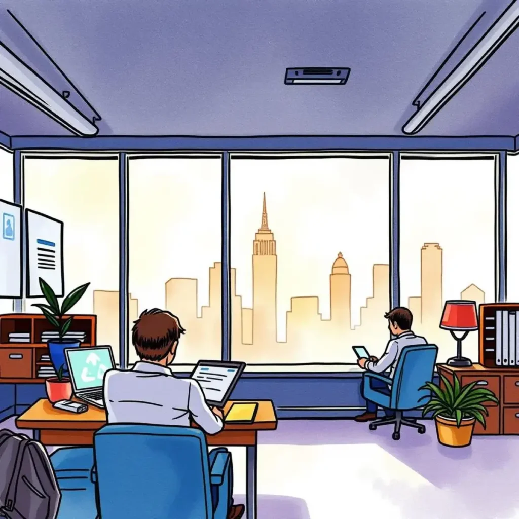 Professionals collaborating in an office with a city skyline view.