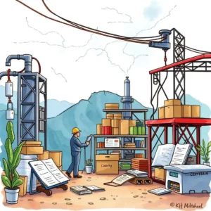 Supplier Quality Management scene with an engineer assessing audit documents amidst equipment and supplies.