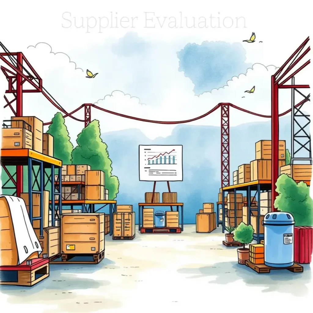 Supplier contract insight generator: Analyze supplier data for final approval insights 1 Illustration of a warehouse with data graphs for supplier evaluation.