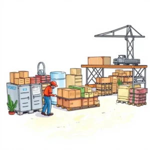 Warehouse worker evaluating supplier efficiency among organized inventory.