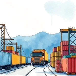 A truck navigating through a logistics hub, surrounded by shipping containers and cranes.