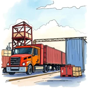 Supply chain truck transporting containers through a logistics facility.