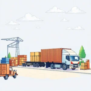 A delivery truck loaded with containers in a busy logistics yard