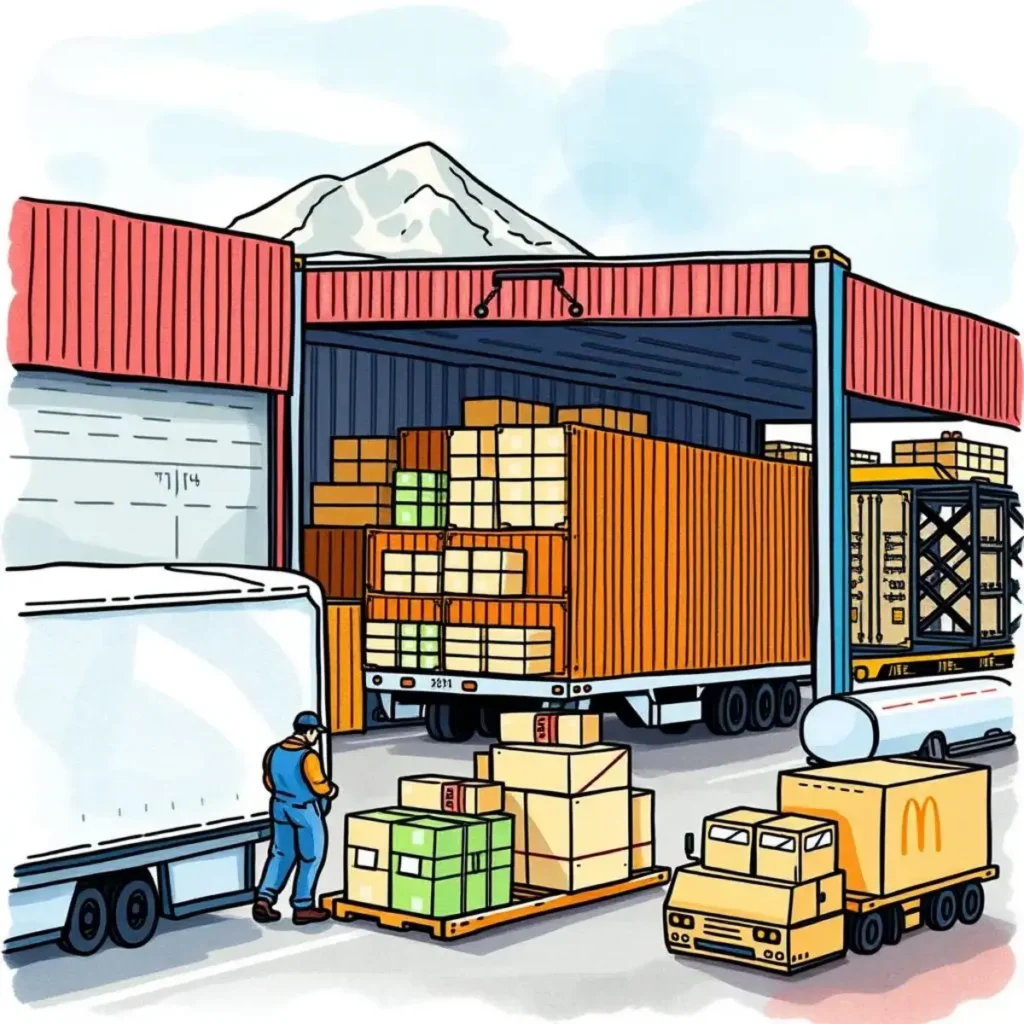Supplier performance insight generator: Generate insights on supplier performance evaluations 1 Illustration of a supply chain operation with trucks and cargo management.