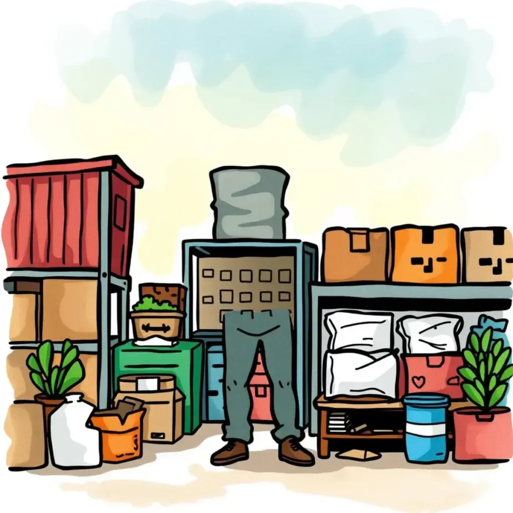 Illustration of a warehouse with a person reviewing supplier performance data.
