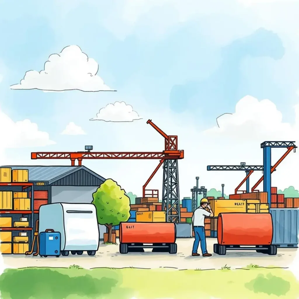 Supplier query generator: Formulate questions for supplier engagement 1 Illustration of a busy manufacturing site with containers and workers.