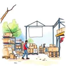 A busy warehouse scene depicting a worker managing boxes for supplier selection tasks.