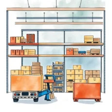 Stacked boxes and pallets in a warehouse, showcasing efficient inventory storage.