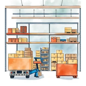 Stacked boxes and pallets in a warehouse, showcasing efficient inventory storage.