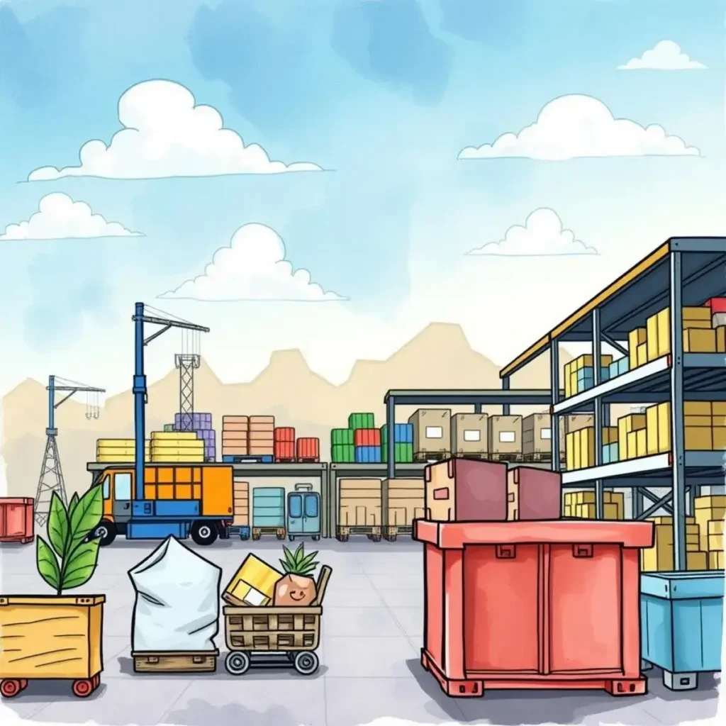 Supply optimization assistant: Optimize supply flow according to demand analysis 1 Colorful warehouse scene with carts, inventory shelves, and trucks.