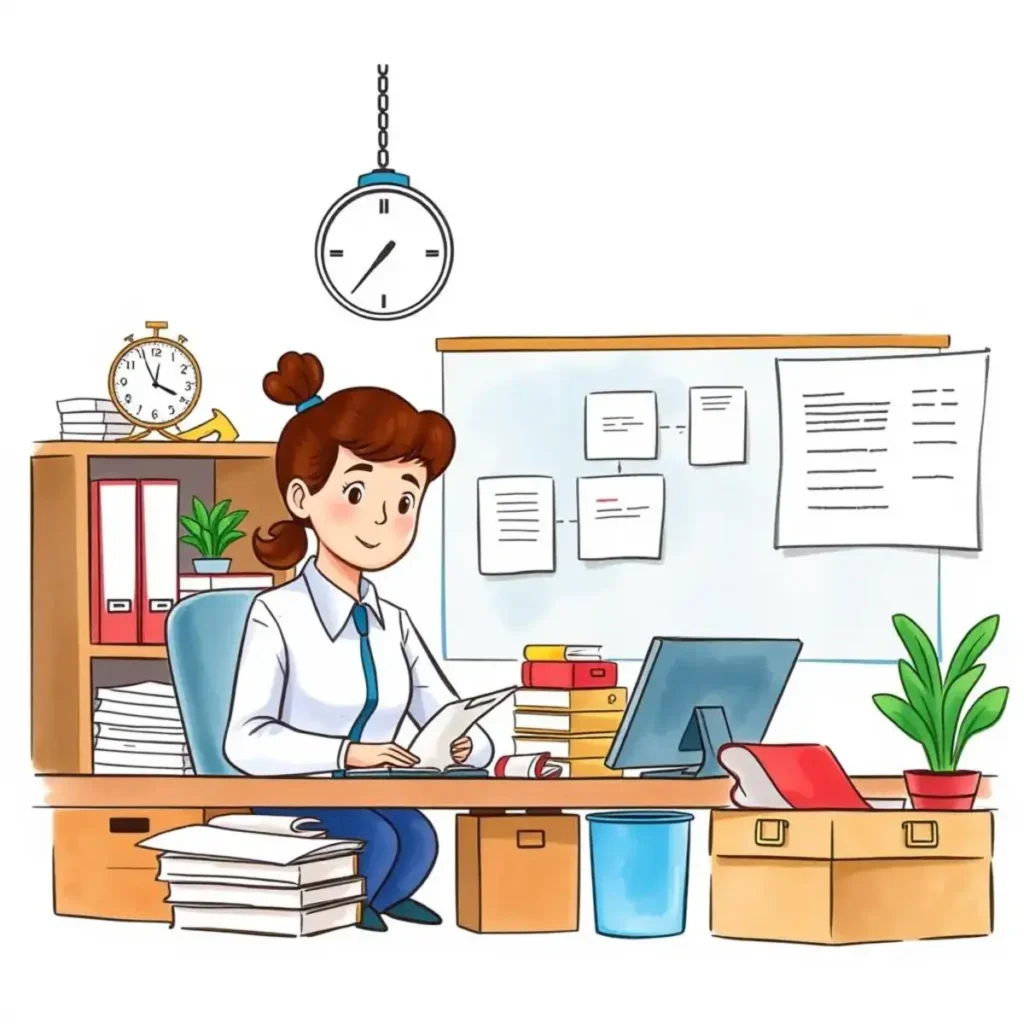 Supply order assistant: Generate clear supply order formats 1 Woman organizing office supplies at a desk with paperwork and plants.