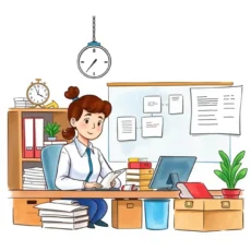 Woman organizing office supplies at a desk with paperwork and plants.