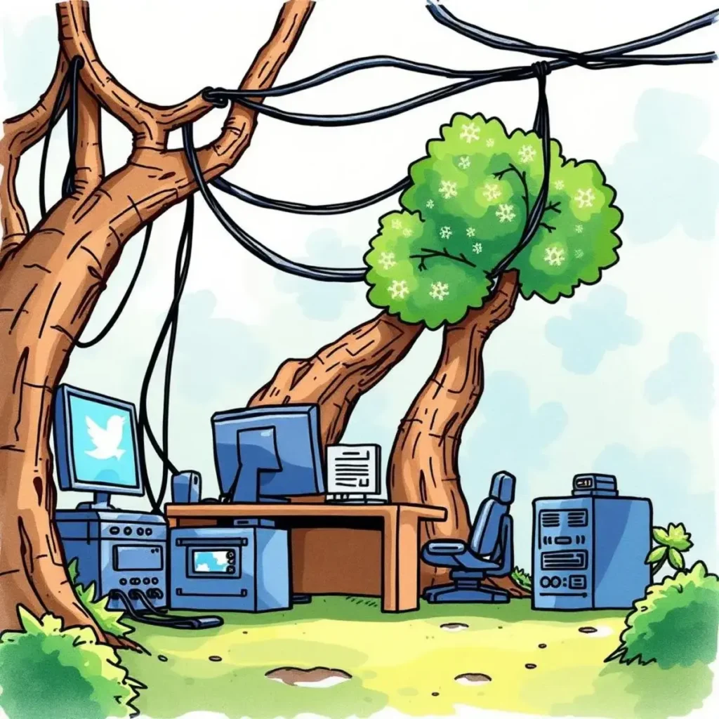 Support response generator: Create quick replies for common inquiries 1 A workspace surrounded by trees featuring computers and network equipment for IT support