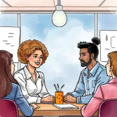 Diverse team discussing insights from survey results in a meeting.