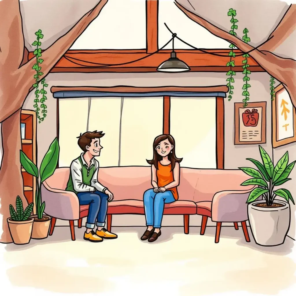 Two people engaging in conversation in a cozy, plant-filled setting.