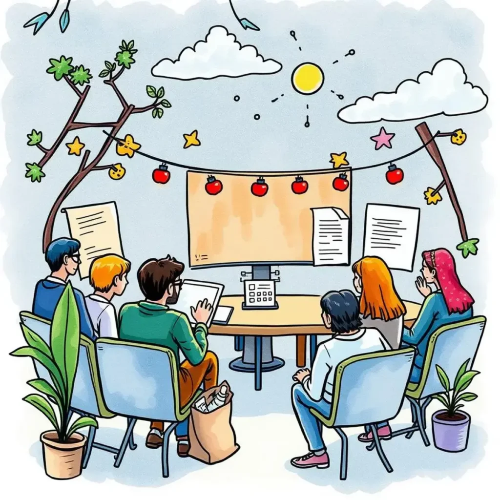 Survey result summarizer: Convert raw survey data into understandable reports 1 People participating in a meeting, analyzing survey results on a computer screen in a bright, collaborative space.