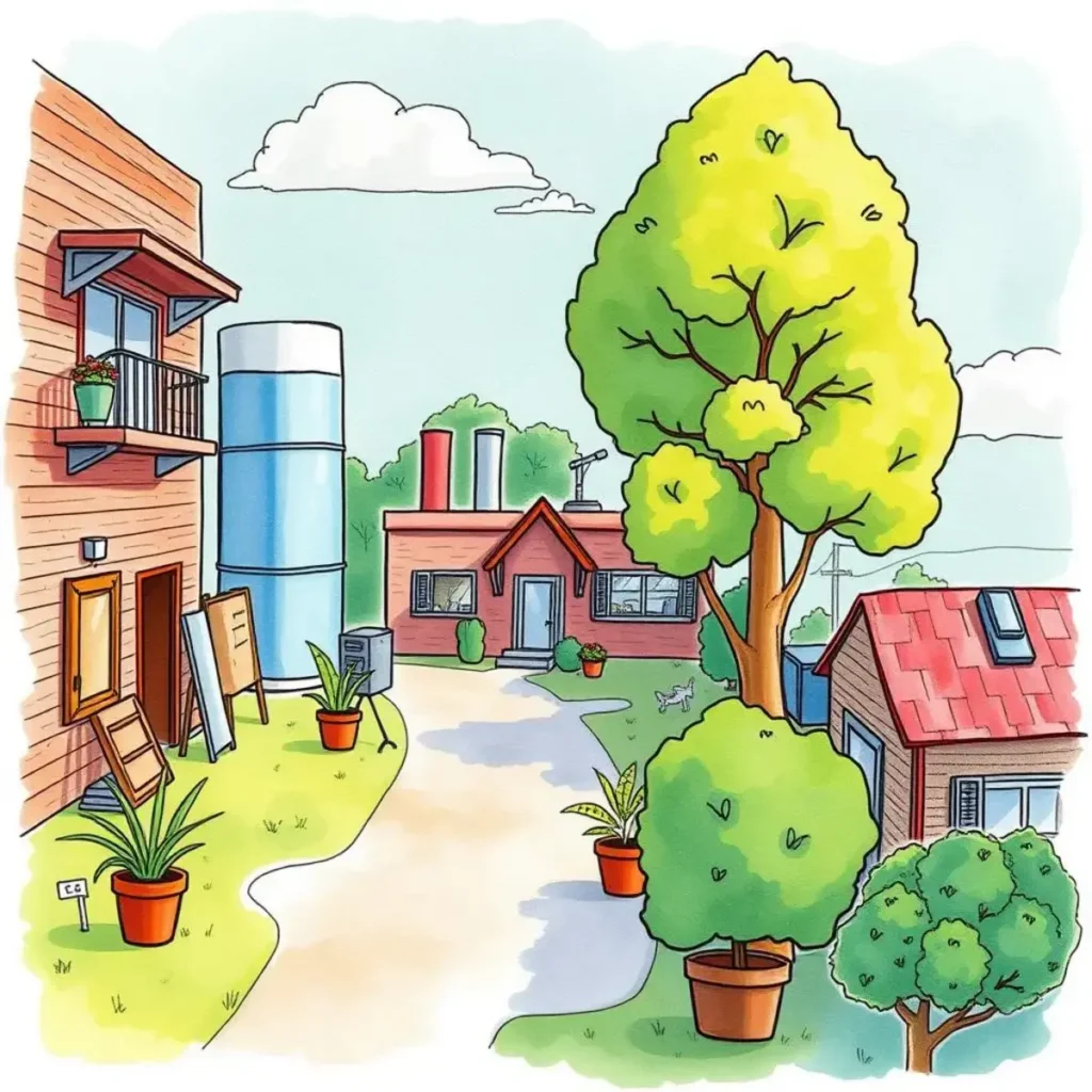 Energy solutions analyzer: Analyze energy efficiency strategies and solutions 1 Energy Solutions Analyzer tool featuring a vibrant outdoor scene with buildings and greenery