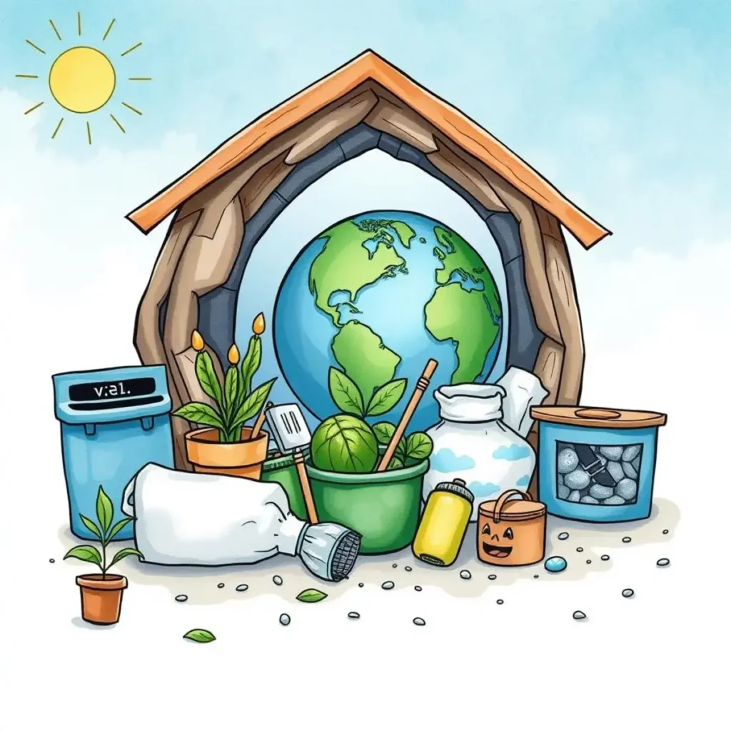 Sustainable practices educator: Promote eco-friendly habits among staff 1 Sustainable tools and practices surrounding eco-friendly waste management displayed in an illustrated scene.