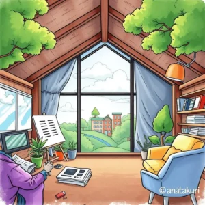 A serene home office with a view of green hills and buildings, embodying productivity and creativity.