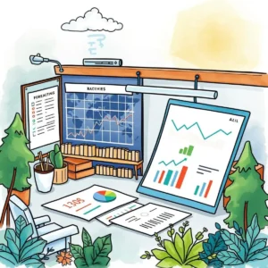 Illustration of a workspace with swot analysis and forecasting charts.