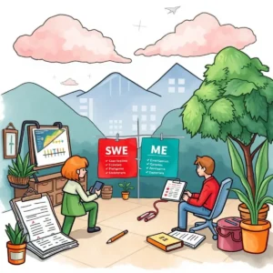 A collaborative workspace scene showcasing individuals analyzing SWOT components for competitors.